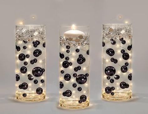 Black Tie Event Centerpieces, Floating Centerpieces, Vase Transparent, Event Centerpiece, Black Gems, Black Pearls, Black Tie Gala, New Years Eve Decorations, Light Images