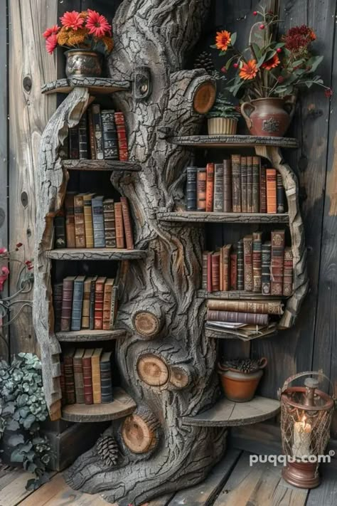 Bookshelf Design Ideas, Fantasy Cabin, Home Wall Decor Ideas, Traditional Bookcases, Cozy Home Library, Tree Bookshelf, Antique Shelves, Bookshelf Ideas, Unique Shelves