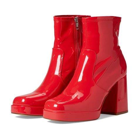 Steve Madden Ever Red Patent Leather Heeled Ankle Boots - New In Box Vintage Vibes Abound With The Ever Boot From Steve Madden, With Its Go-Go Silhouette And Trendy Block Heel For An Added Highlight To Your Ensembles. Square Toe Silhouette. High Block Heel. Heel Height: 3.5"; Steve Madden Chelsea Boots, Silver Ankle Boots, Studded Combat Boots, Trendy Block Heels, Red Leather Boots, Womens Red Shoes, Madden Boots, Steve Madden Boots, Black Suede Ankle Boots