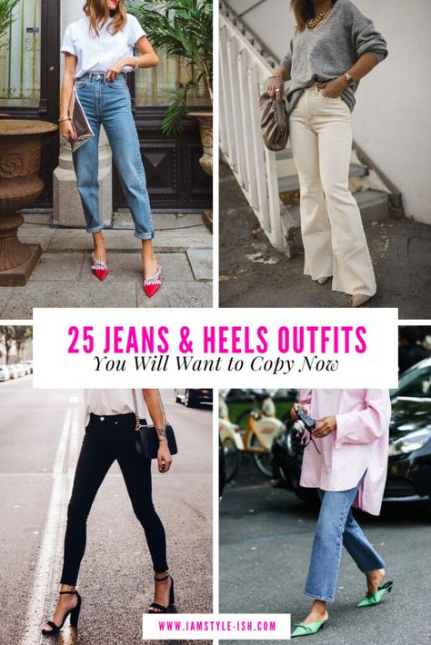 25 Jeans and Heels Outfits to Copy Now: How to look chic in jeans Jeans And Heels Outfit Casual, Black Pumps With Jeans, Outfit Ideas Heels Jeans, Mom Jeans With Heels Outfit, Heel Outfits Jeans, Outfit Ideas With Jeans And Heels, How To Wear Heels With Jeans, Hot Pink Heels Outfit Jeans, Black Jeans With Heels Outfit