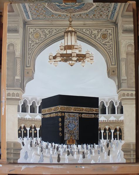 Hajj Painting Ideas, Kaabah Makkah Canvas Painting, Mecca Canvas Painting, Makkah Madina Drawings, Kabah Painting Canvas, Mecca Painting Acrylic, Mecca Kaaba Painting, Islam Art Painting, Kaabah Makkah Drawing