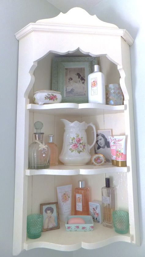 Cute Bathroom Cabinet, Cute Cabinets, Shabby Chic Decor Bathroom, Pretty Shelves, Coquette Cabinet, Cute Cabinet, Bathroom Aesthetic Vintage, Coquette Shelf, Coquette Bookshelf