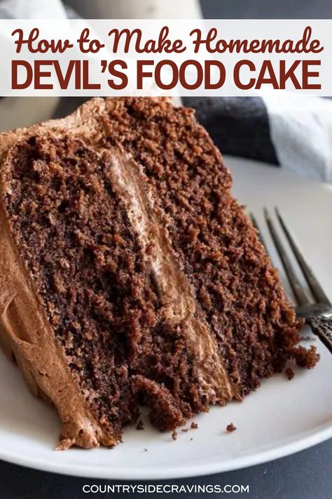 Homemade Devil's Food Cake on white plate with a fork. Fluffy Chocolate Cake, Amazing Chocolate Cake Recipe, Vegan Chocolate Cake, Devils Food Cake, Chocolate Layer Cake, Devils Food, Best Chocolate Cake, Moist Chocolate Cake, Food Cake