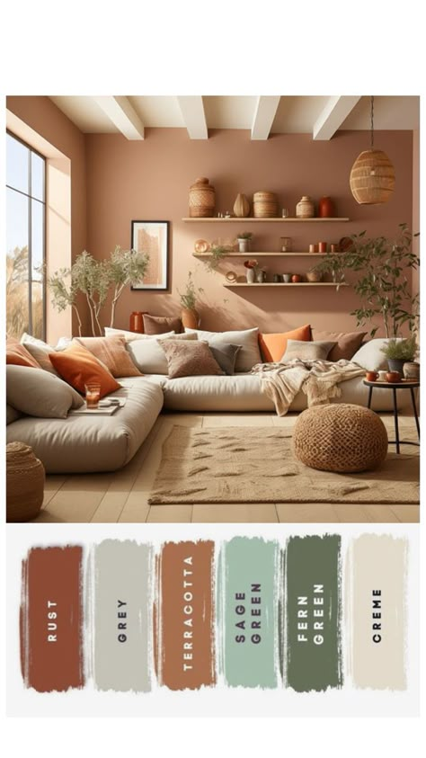 Grey And Rust Color Scheme, Earth Tone Wall Paint Colors, Green Orange Brown Color Palette Living Room, Terracotta Cottage Living Room, Clay Living Room Paint Colors, Mushroom Wall Color Living Room, Green And Terracotta Color Scheme Living Room, Color Palette Interior Design Living Room, Clay Walls Living Room