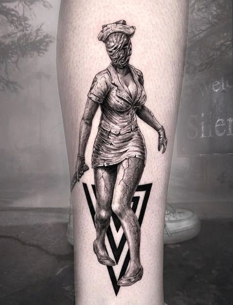 38 Beautiful Nurse Tattoos with Meaning - Our Mindful Life Evil Within Tattoo, Execution Tattoo, Gory Tattoo Designs, Unique Horror Tattoos, Insidious Tattoo, Zombie Apocalypse Tattoo, Tattoo Ideas Female Horror, Silent Tattoo, Plague Nurse Tattoo