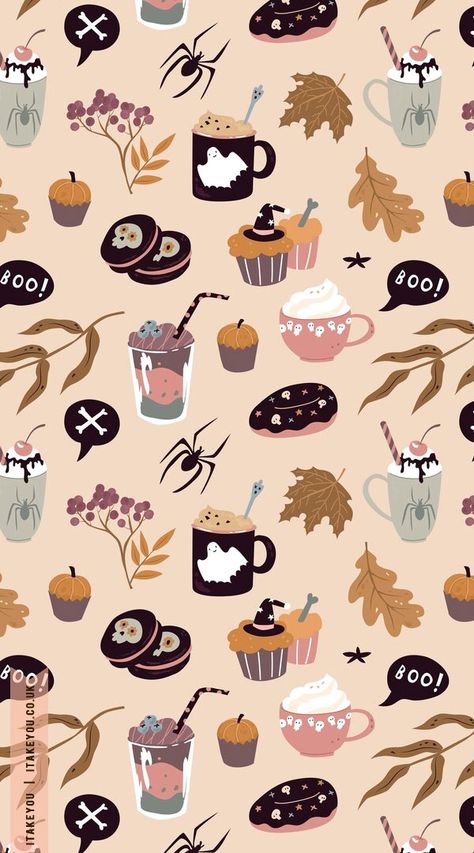 Cozy Halloween Wallpaper, Autumn Cartoon Wallpaper, Kawaii Fall Wallpaper, Cartoon Autumn Wallpaper, Fall College Aesthetic, Cute Autumn Wallpaper, Kawaii Autumn Wallpaper, Fall Kitty Wallpaper, Fall Desktop Wallpaper