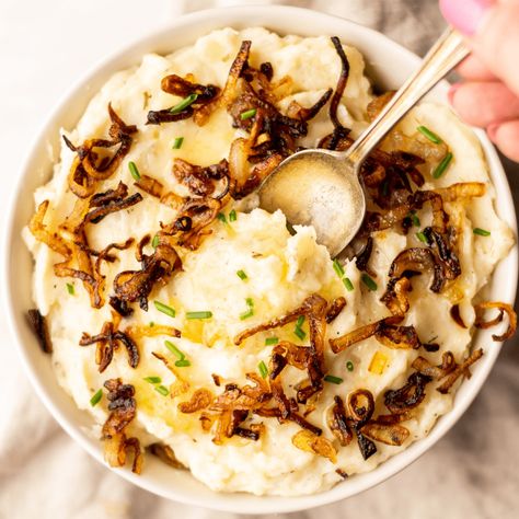 Boursin Mashed Potatoes – Hey, Snickerdoodle! Boursin Brown Butter Mash, Shallot Mashed Potatoes, Borsine Cheese Mashed Potatoes, Boursin Brown Butter Mashed Potatoes, Potatoes With Boursin Cheese, Herb Infused Mashed Potatoes, Boursin Mashed Potatoes, Potato Varieties, Crispy Shallots