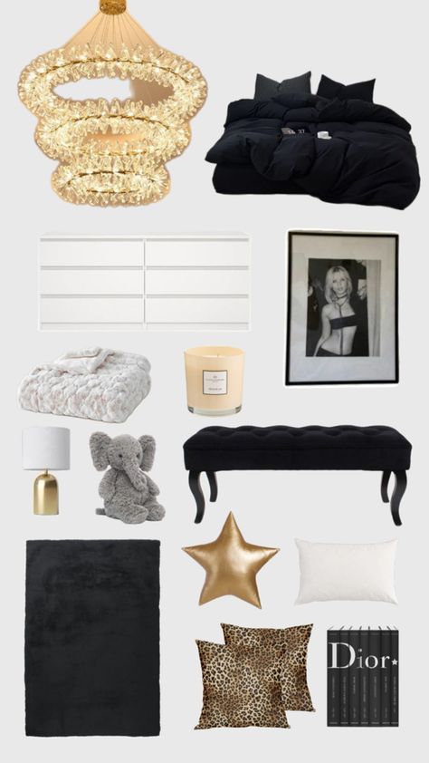 room 🐆 Black Bedroom Inspo Aesthetic, Gabi Demartino Room, Room Ideas Aesthetic Small Rooms, Black And White Dorm, Vogue Room, Black White And Gold Bedroom, Bedroom 2025, 80s Modern, Black Room Decor