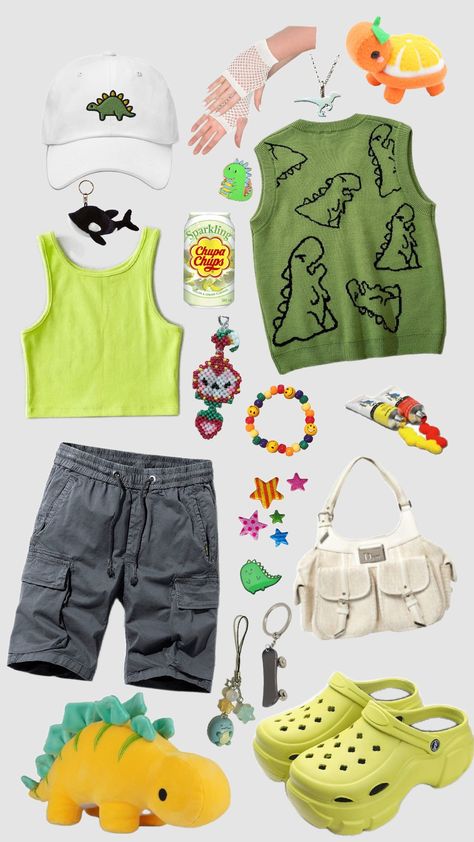 #green #dino #dinosaur #summer #outfit #green_outfit #cute #kidcore #white #outfit_inspiration #oc #oc_inspiration #plush_dino #outfit_idea #drawing_idea #idea #oc_idea Dino Outfit, Idea Drawing, Oc Inspiration, Ghost Hunting, White Outfit, Kid Core, Green Outfit, Outfit Idea, Summer Outfit