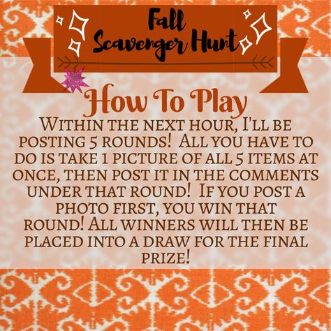 Scavenger Hunt game rules for Facebook VIP group or party. Thirty-One fall/winter 2018 www.mythirtyone.ca/sabrinawhite Fall Online Party Games, Scentsy Scavenger Hunt, Scentsy Fall Games For Facebook, Fall Facebook Games Interactive, Fall Interactive Posts Facebook, Household Scavenger Hunt, Halloween Games For Facebook Groups, Fall Interactive, Thirty One Games