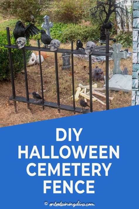 I love this DIY Halloween cemetery picket fence. It's cheap and easy to make, and it looks spooky around my Halloween graveyard.  #entertainingdiva #halloweencemetery #yardhaunt #diyhalloween #halloween Diy Halloween Cemetery, Diy Halloween Graveyard, Halloween Fence, Halloween Cemetery, Halloween Outdoor Decoration, Outdoor Halloween Decor, Haunted Graveyard, Decorate Christmas, Happy Halloween Witches