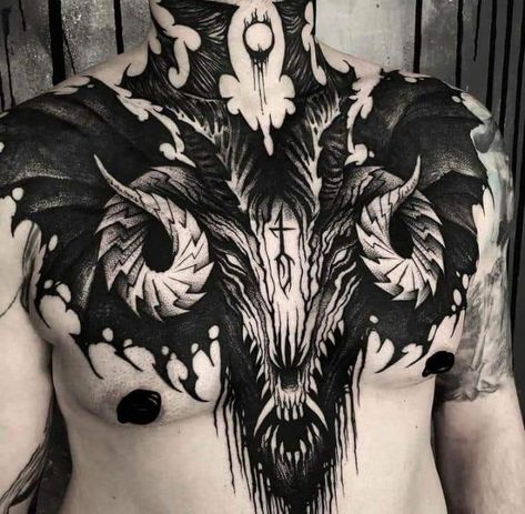 Satanic Back Tattoo, Dark Chest Tattoo, Tattoo Blackwork Dark, Blackwork Chest Tattoo, Satanic Tattoo, Baphomet Tattoo, Tattoo Goat, Dark Tattoo Ideas, Satanic Tattoos