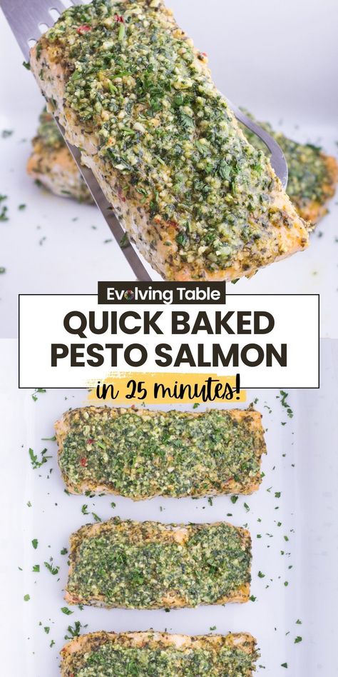 This Baked Pesto Salmon recipe is quickly becoming our new go-to way of cooking our favorite fish! In 25 minutes, you’ll have the most tender, flaky fish with just a handful of simple ingredients. It’s a weeknight hero in our household, earning rave reviews from everyone who takes a bite! Baked Pesto Salmon Recipes, Salmon With Pesto Baked, Salmon Pesto Recipes, Pesto Salmon Recipes, Pesto Baked Salmon, Pesto Fish, Pesto Salmon Recipe, Salmon Pesto, Fresh Basil Pesto