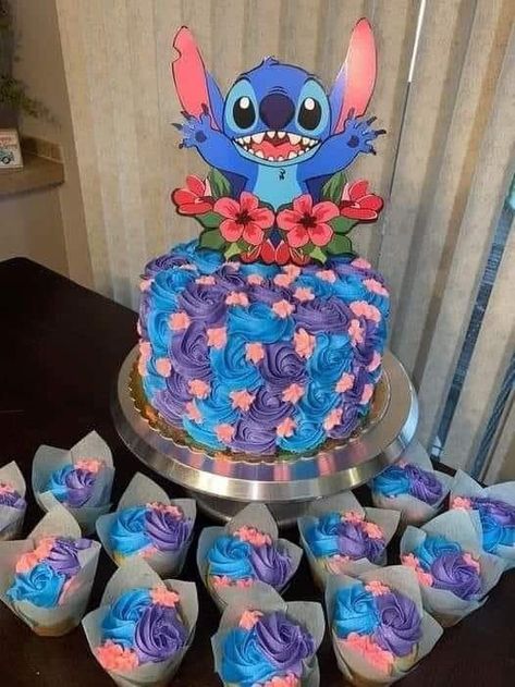 Stitch Smash Cake 1st Birthdays, Stitch Cake And Cupcakes, Stitch Party Ideas Girl, Lilo And Stitch Gender Reveal Cake, Stitch Number Cake, Stitch And Angel Cupcakes, Stitch Bday Party, Stitch Cupcake Cake, Lilo And Stitch Cake Ideas