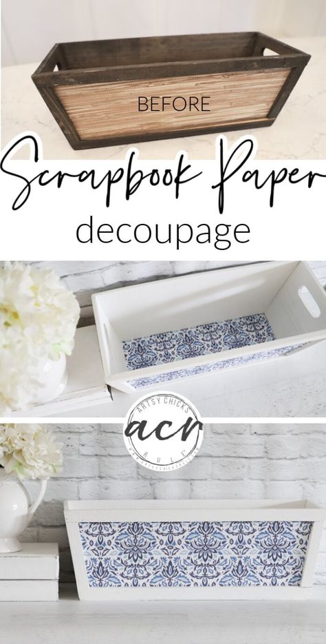 Decoupage With Scrapbook Paper, Scrapbook Paper Projects, Mod Podge Crafts, Decoupage Wood, Decoupage Tray, Art And Craft Ideas, Diy Leather Projects, Decoupage Diy, Decoupage Furniture