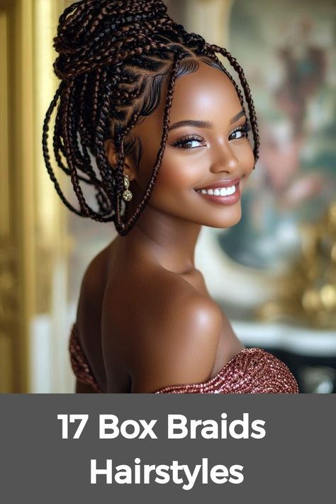 Box braids hairstyles offer a versatile range of ideas for all hair types, from short to medium lengths. Whether you're looking for styles with curls to add texture and volume or prefer a sleek, straight look, box braids provide endless options. For those with medium hair, box braids can create a chic and manageable style that suits any occasion. From playful short braids to intricate designs with curls, there’s a box braid style to match every personality and fashion sense. Work Braids For Black Hair, Braided Hairstyles For A Wedding, Natural Box Braids Hairstyles, Hairstyle For Box Braids Hair Styles, Knotless Braid Updo, Formal Braided Hairstyles Black Hair, Box Braids Hairstyles Medium Length, Professional Braids For Work, Knotless Braids Low Bun