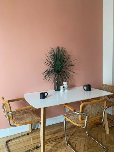 Light Salmon Wall Color, 36 Hours In Marrakesh Paint, Light Terracotta Paint Colors, Pink Dinning Room, Peachy Nursery, Blush Pink Dining Room, Pink Wall Living Room, Colombia Apartment, Warm Wall Colors