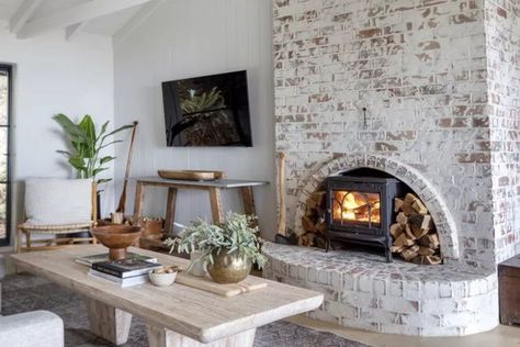 Whitewashed Brick, German Schmear, Brick Living Room, Fireplace Stove, Painted Brick Fireplace, Interior Brick, Brick Interior Wall, Brick Interior, White Wash Brick