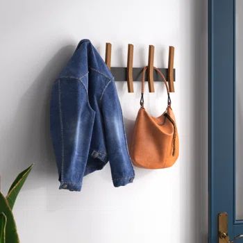 Mercury Row® Sifford Mid Century Coat Rack With 5 Wooden Hooks - Black | Wayfair Wooden Hooks, Coat Rack With Storage, Bath Redo, Apartment Goals, Wooden Coat Rack, Hook Wall, Front Entrance, Alder Wood, Bathroom Laundry