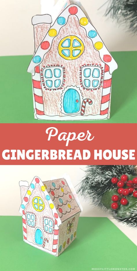 Paper gingerbread house craft. Free printable gingerbread house template. 3d Gingerbread House Paper, 3d Paper Crafts Templates Free Printable Christmas, Ginger Bread House Printable, Free Gingerbread House Template, Ginger Bread House Template Printable, Gingerbread House Craft Preschool, Gingerbread House Template Free, Paper Gingerbread House Template, Paper House Template Printables Free