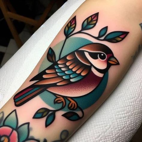 Birds And Bees Tattoo, Traditional Tattoo Art Bird, Bord Tattoo, Two Birds Traditional Tattoo, American Traditional Bluebird Tattoo, Traditional Chest Tattoo Female, Traditional Western Tattoo, Feminine American Traditional Tattoos, Traditional Mockingbird Tattoo