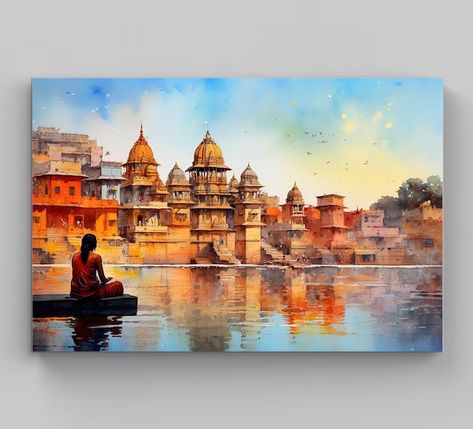 Canvas Painting Acrylic Wall Decor, Varanasi Painting Acrylics, Benaras Paintings, Kashi Painting, Canvas Landscape Painting Acrylics, Varanasi Ghat Painting, Painting For Living Room On Canvas, Horizontal Paintings On Canvas, Horizontal Painting Ideas