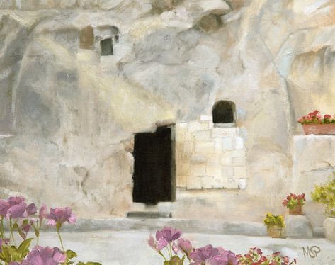 Empty Tomb Watercolor, Empty Tomb Art, Empty Tomb Painting, Tomb Garden, Gospel Pictures, Tomb Painting, Christ Tomb, Easter Tomb, The Empty Tomb