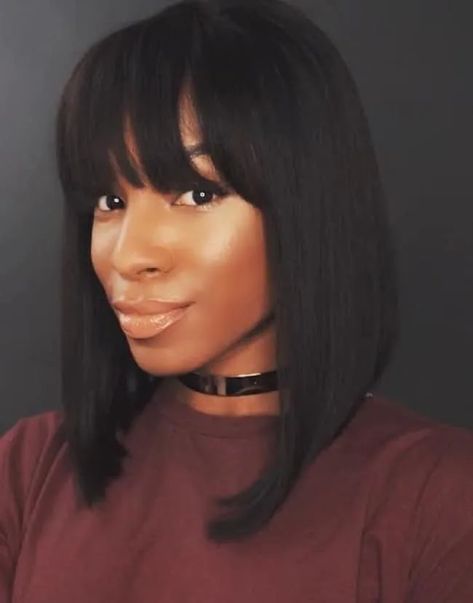 15 Fun Full Sew In With Bangs That Oozes Class Full Closure Sew In With Bangs, Black Women Hairstyles With Bangs, Layers On Black Women, Weave With Bangs, Hairstyle Weave, Sew In With Bangs, Black Woman Hairstyle, Chinese Bangs, Long Bob With Bangs