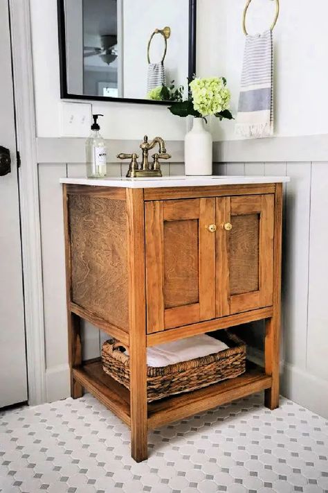 Building a DIY bathroom vanity is an affordable and easy way to upgrade your bathroom. These 25 DIY bathroom vanity ideas offer options for every style and Craftsman Vanity Bathroom, Unique Bathroom Vanity Ideas Diy, Small Farmhouse Vanity, Dresser Turned Into Bathroom Vanity Farmhouse, Small Vintage Bathroom Vanity, Diy Vanity Ideas Bathroom, Small Vanities For Small Bathrooms, Vanity Ideas Bathroom Diy, Small Wood Bathroom Vanity