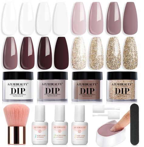 PRICES MAY VARY. What U Get: AZUREBEAUTY 12 PCS gentle dip powder nail starter kit—4*10 g color powder(milky white, light&dark mauve, champagne glitter), 3*10 ml liquid set(base coat/activator/topcoat), 2*liquid brush replacement, 1*nail brush,1*nail file, 1*dip powder tray Superior Quality & Long Lasting: AZUREBEAUTY dip powder nail kit is long-lasting and anti-chipping, anti-peel off. The color is full and natural-looking, light, and has an impeccable shine finish. It can keep the nail art gor Modelones Dip Powder, Gentle Gray, Nails Powder, Dip Manicure, Diy Salon, Salon Gifts, Nail Art Salon, Dip Nails, French Nail Art