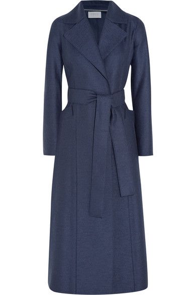 Harris Wharf London Belted Wool-Felt Coat in NavyHarris Wharf London's coat is made from luxuriously soft and Designer Winter Coats, Navy Wool Coat, Navy Blue Coat, Harris Wharf London, Blue Coats, Belted Coat, Woolen Coat, Royal Fashion, Outerwear Coats