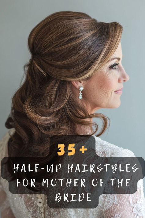 Discover 35 gorgeous half-up hairstyles perfect for the mother of the bride. 🌸 These styles combine elegance and versatility, ensuring you look radiant on the special day. Ready to find the perfect hairstyle to complement your wedding attire? Click to explore all the stunning half-up ideas! #MotherOfTheBride #HalfUpHairstyles #WeddingHair #ElegantStyles #RadiantLook #BridalBeauty #SpecialOccasion Half Up Half Down Hair Mother Of Groom, Bride Hairstyle Half Up Half Down, Wedding Hairstyle Mother Of The Bride, Mother Of Bride Hairstyles Short Hair, Brides Mother Hairstyle, Bride Hairstyles Down Medium Length, Hair Styles For Mother Of The Bride Medium Shoulder Length, Mother Of The Bride Ponytail Hairstyles, Half Updos For Medium Length Hair Formal