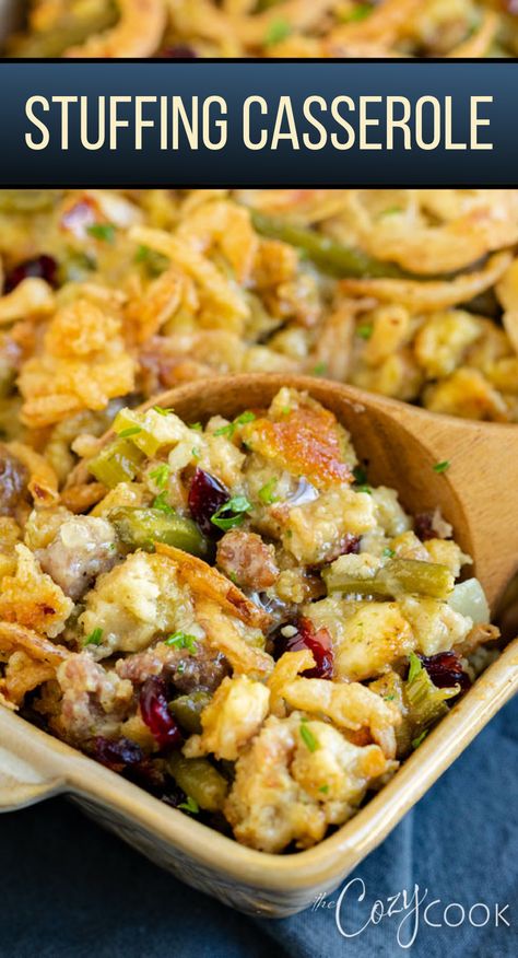 stuffing with chicken and green beans and sausage in a casserole dish. Thanksgiving Dinner For Two, Thanksgiving Recipes Side Dishes Easy, Easy Stuffing Recipe, Recipe Thanksgiving, Thanksgiving Side Dishes Easy, Thanksgiving Food Sides, Thanksgiving Appetizer Recipes, Easy Thanksgiving Recipes, Easy Stuffing