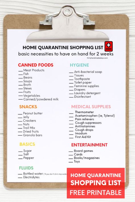 Use this list for basic necessities in case of a home quarantine.  Printable from thirtyhandmadedays.com Grocery Essentials, Survival Foods, Basic Necessities, Emergency Prepardness, Emergency Food Supply, Printable Shopping List, Family Emergency, Emergency Preparation, Hygienic Food