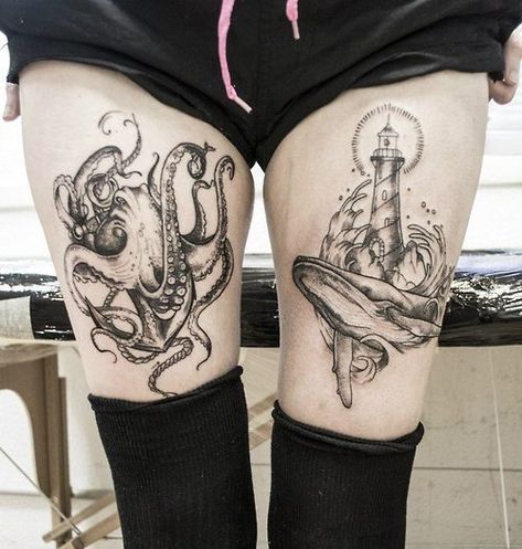 Ocean Tattoos and Other Nautical Inspiration to Ink Your Body with the Seven Seas ... Octopus Thigh Tattoos, Tattoos For Women On Thigh, Kraken Tattoo, Tattoos Pinterest, Octopus Tattoo Design, Octopus Tattoos, Lighthouse Tattoo, Sea Tattoo, Whale Tattoos