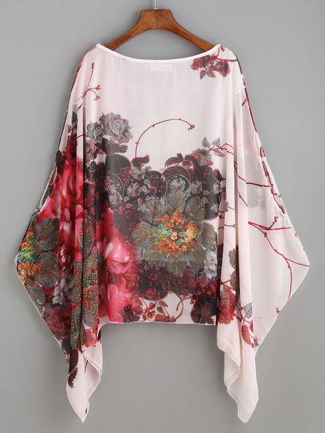 Shop Pink Floral Print Batwing Chiffon Blouse online. SheIn offers Pink Floral Print Batwing Chiffon Blouse & more to fit your fashionable needs. Shrug Design, Kaftan Tops, Organza Blouse, Chiffon Kimono, Chiffon Fashion, Pink Floral Print, Women Blouses, Plus Size Kleidung, Blouse Online