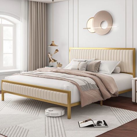 Everly Quinn Burglind Upholstered Bed & Reviews | Wayfair Velvet Tufted Headboard, Gold Bed Frame, Full Size Upholstered Bed, Modern Bed Frame, Gold Bed, Full Size Bed Frame, Velvet Headboard, Metal Platform Bed, Upholstered Bed Frame