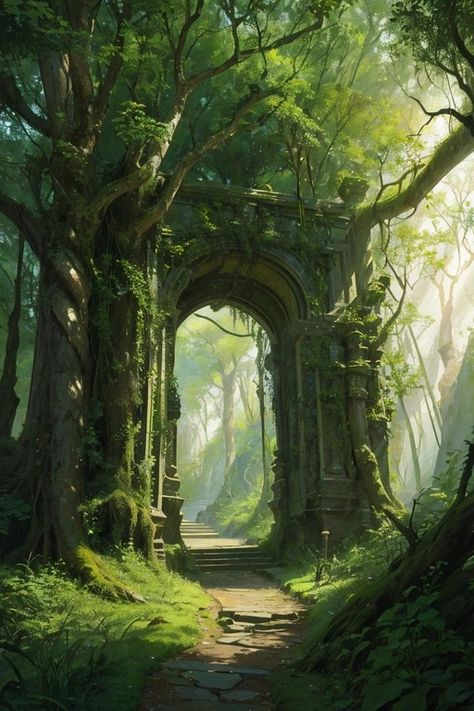 Elf Village Entrance Wood Elf House, Fantasy Forest Village Aesthetic, Wood Elf Village, Fantasy Elf Village, Elven Forest City, Forest Elves Aesthetic, Elf City Fantasy Art, Wood Elf City, Forest Village Aesthetic