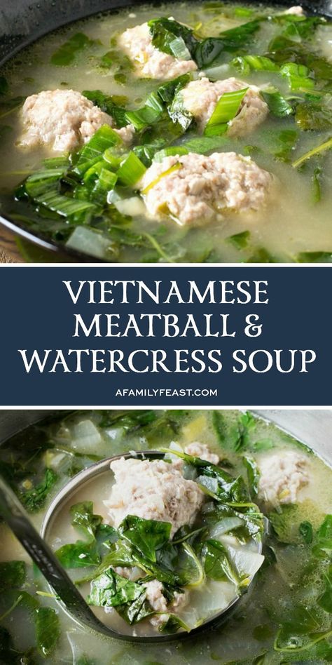 Soup Vietnamese, Vietnamese Meatballs, Easy Vietnamese Recipes, Watercress Recipes, Watercress Soup, Asian Soup Recipes, Vietnamese Soup, Pork Meatballs, Asian Soup