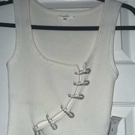 Rhinestoned Safety Pin Top Never Worn Size L But Runs A Bit Small T Shirt Safety Pin, Safety Pin Corset, Diy Safety Pin Shirt, Safety Pin Clothes, Noels Lament, Safety Pin Tank Top, Diy Edgy Clothes, Safety Pin Fashion, Safety Pin Top