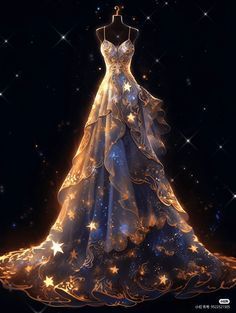 Air Inspired Dress, Fantasy Star Outfit, Star Dress Aesthetic, Star Ball Gown, Celestial Ball Gown, Moon Goddess Dress, Mystical Dresses, Astrology Dress, Old Harry Potter