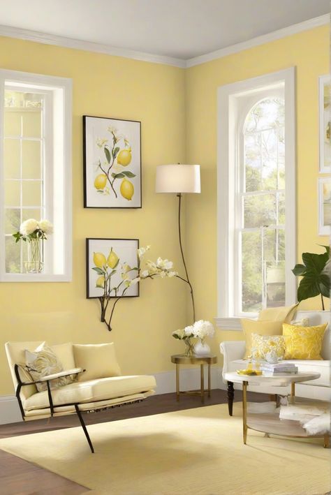 living room decor,interior design styles,wall paint colors,painting walls Pastel Yellow Walls Living Room, Yellow Wall Painting Ideas Living Room, Color Living Room Walls, Pastel Yellow Accent Wall, Lemon Yellow Paint Colors, Lemon Colour Wall Paint, Lemon Yellow Wall Paint, Yellow Painted Walls, Color Living Room