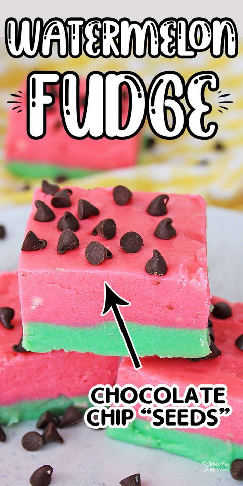 Watermelon Fudge is a fun summer treat to make with chocolate and real watermelon flavor. The mini chocolate chips on top look just like seeds! #food #recipe #yummy #summer #fudge #watermelon Watermelon Candy Recipes, Summer Fudge Recipes, Flavored Fudge Recipes, Fudge Flavors Unique, Unique Fudge Recipes, Summer Treats To Sell, Watermelon Fudge, Fun Treats For Kids, Watermelon Treats