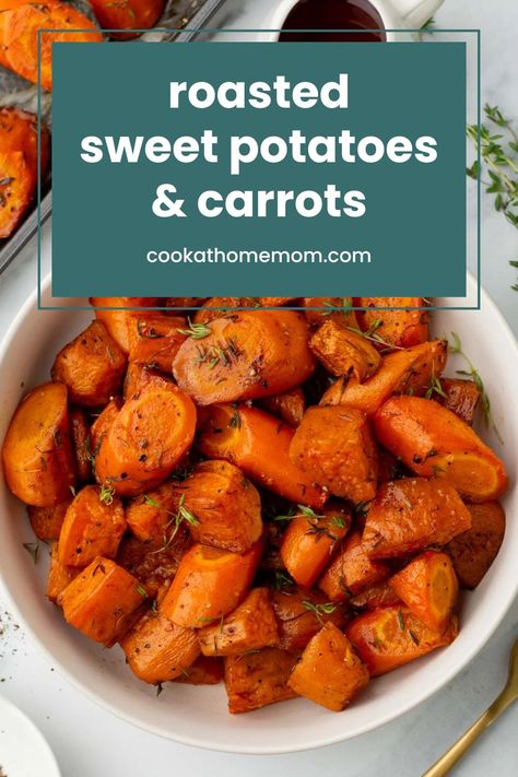 Roasted sweet potatoes and carrots are the perfect healthy addition to your holiday menu. They're sweet and savory and so simple to make! Roasted Sweet Potatoes And Kale, Paleo Carrot Recipes, Roasted Yams And Carrots, Healthy Carrot Recipes Clean Eating, Roasted Carrots And Sweet Potatoes Oven, Roasted Sweet Potato And Carrots, Sweet Potato Diet Recipes, Simple Carrot Recipes, Carrot And Sweet Potato Recipes