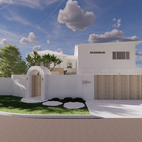 DESIGNER (@raw_exteriordesigns) posted on Instagram • Dec 7, 2021 at 8:31am UTC Australia Beach House, Palm Springs Style Home, Front Entry Landscaping, Coastal Facade, Mexican Villa, Modern Mediterranean Home, Villa Exterior Design, Coastal Exterior, Australia House