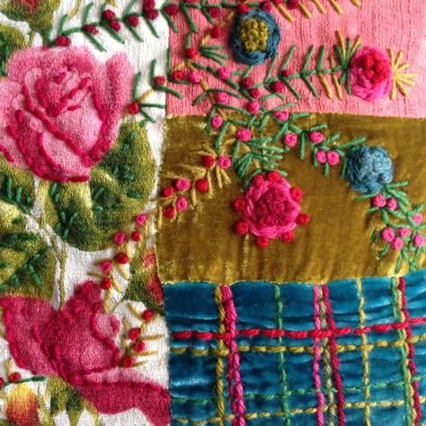 Sussex Garden, Patchwork Velvet, Velvet Patchwork, Embroidery Boho, Embroidery Lessons, Scrap Fabric Crafts, Wool Quilts, Crazy Patchwork, Textile Fiber Art