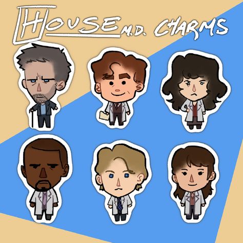 House MD characters in 1.5 inch acrylic charm form  including: House, Wilson, Cuddy, Foreman, Chase, and Cameron House Md Stickers, Chase And Cameron, House Wilson, Charm Keychains, House And Wilson, Gregory House, Anime Designs, Medical Malpractice, House Md