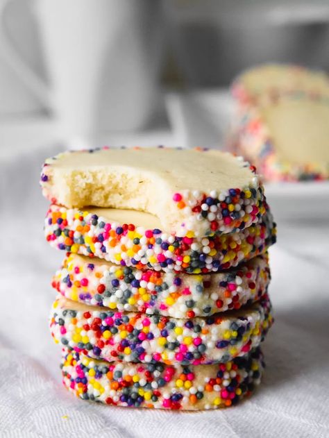 Shortbread Cookies With Sprinkles, Shortbread Sprinkle Cookies, Sprinkle Shortbread Cookies, Homemade Shortbread Cookies, Holiday Shortbread Cookies, Soft Shortbread Cookies, Cookies With Sprinkles On Top, Sprinkled Cookies, Vanilla Shortbread Cookies