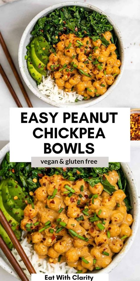 Peanut Chickpea, Chickpea Bowls, Healthy Bowls, Veggie Bowl, Tasty Vegetarian Recipes, Recipes Vegetarian, Meatless Meals, Vegan Dinner Recipes, Vegan Recipes Healthy