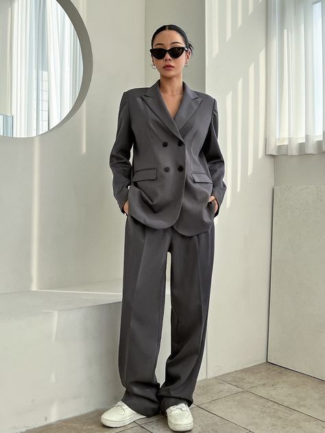 Dark Grey Casual Collar Long Sleeve  Plain  Embellished Non-Stretch  Women Clothing Slouchy Suit Women, Lose Suits For Women, Grey Suit For Women Outfit, Grey Suit Women Outfit, Grey Suits Women, Gray Suit For Women, Gray Suit Women, Grey Suit Women, Womens Suit Outfits